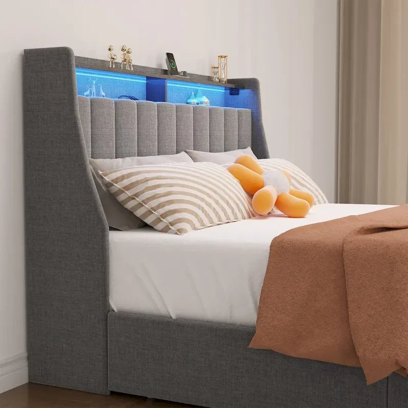 Cama de plataforma tamaño matrimonial gris claro con luces LED y cajones de almacenamiento – 1 persona