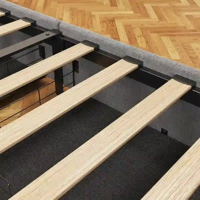 Cama de plataforma tamaño matrimonial gris claro con luces LED y cajones de almacenamiento – 1 persona