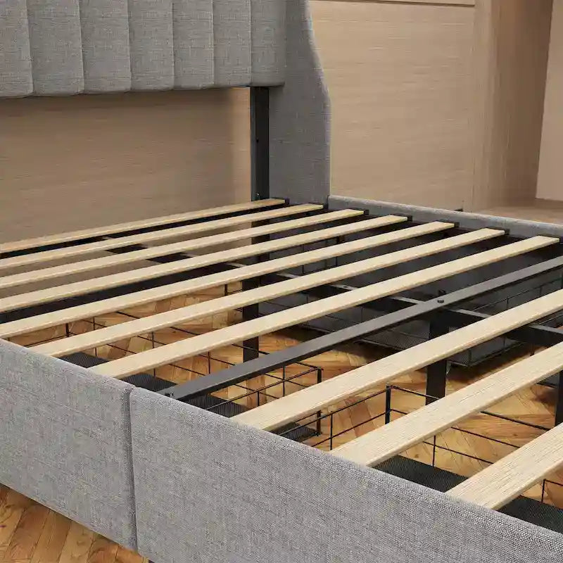Cama de plataforma tamaño matrimonial gris claro con luces LED y cajones de almacenamiento – 1 persona