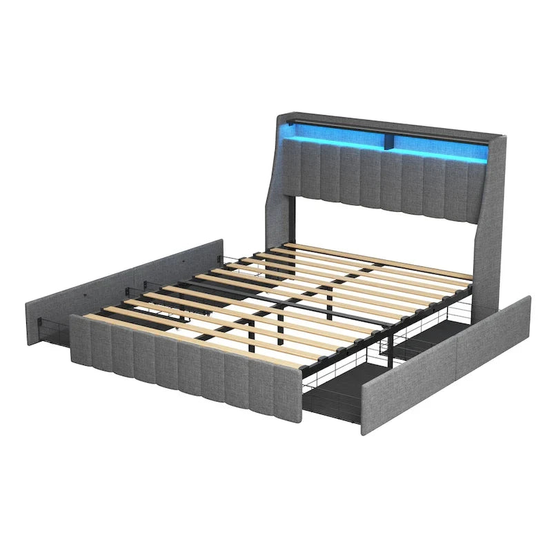 Cama de plataforma tamaño matrimonial gris claro con luces LED y cajones de almacenamiento – 1 persona