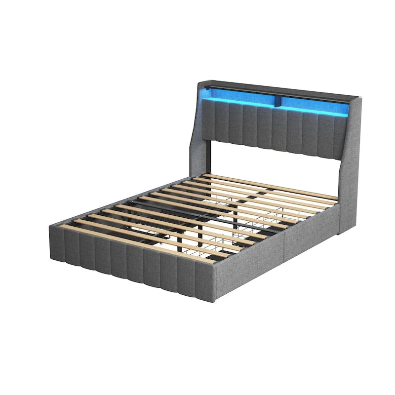 Cama de plataforma tamaño matrimonial gris claro con luces LED y cajones de almacenamiento – 1 persona