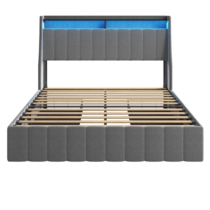 Cama de plataforma tamaño matrimonial gris claro con luces LED y cajones de almacenamiento – 1 persona