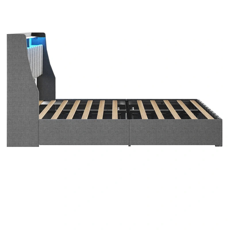 Cama de plataforma tamaño matrimonial gris claro con luces LED y cajones de almacenamiento – 1 persona