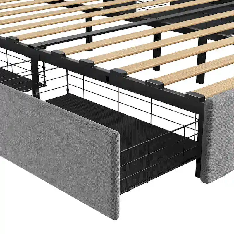 Cama de plataforma tamaño matrimonial gris claro con luces LED y cajones de almacenamiento – 1 persona