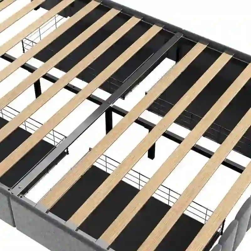 Cama de plataforma tamaño matrimonial gris claro con luces LED y cajones de almacenamiento – 1 persona