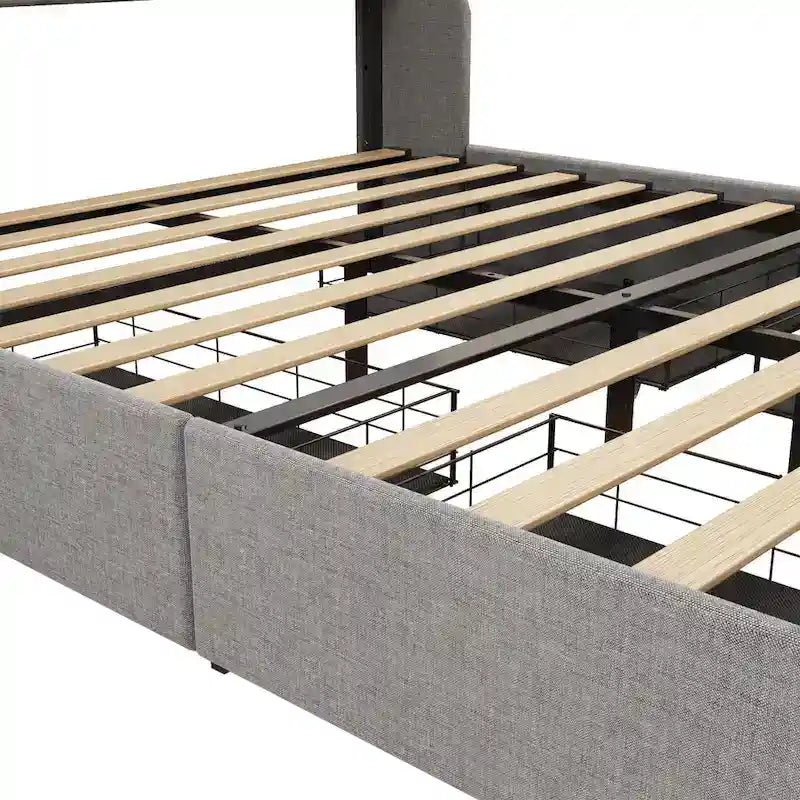 Cama de plataforma tamaño matrimonial gris claro con luces LED y cajones de almacenamiento – 1 persona