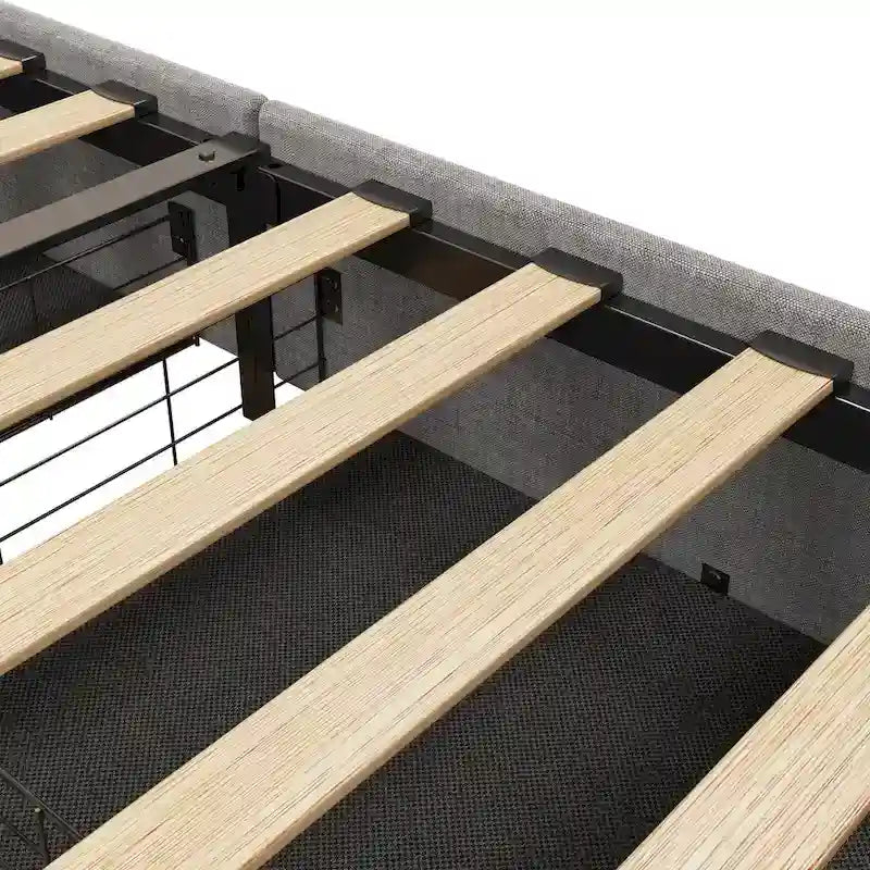 Cama de plataforma tamaño matrimonial gris claro con luces LED y cajones de almacenamiento – 1 persona