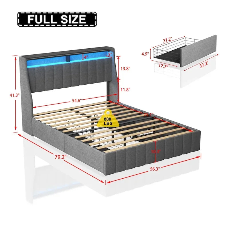 Cama de plataforma tamaño matrimonial gris claro con luces LED y cajones de almacenamiento – 1 persona