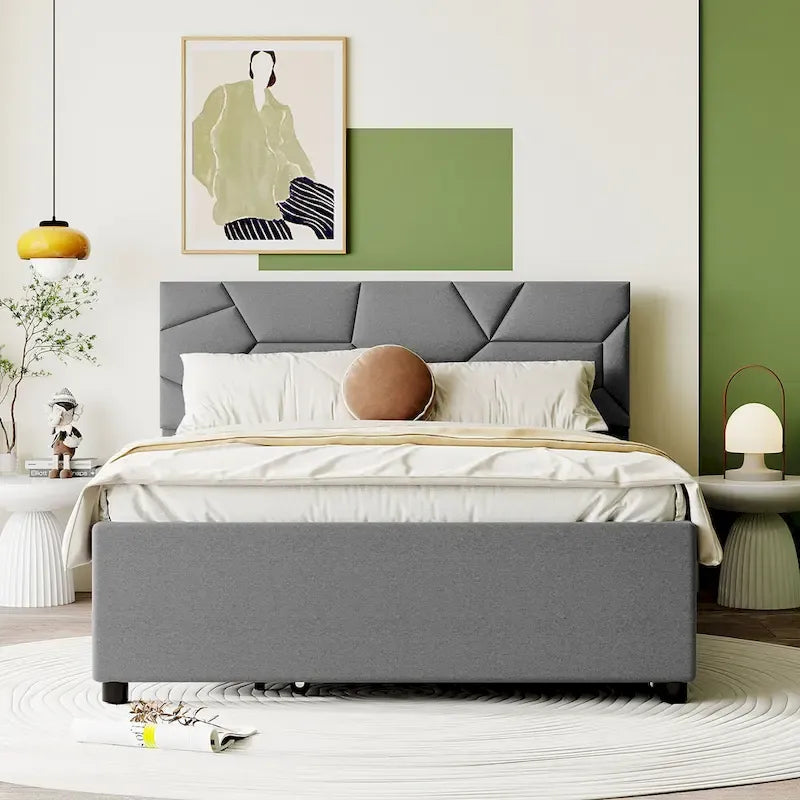 Cama de plataforma tapizada en lino gris con cabecero con diseño de ladrillo y nido – Matrimonial, 2 personas