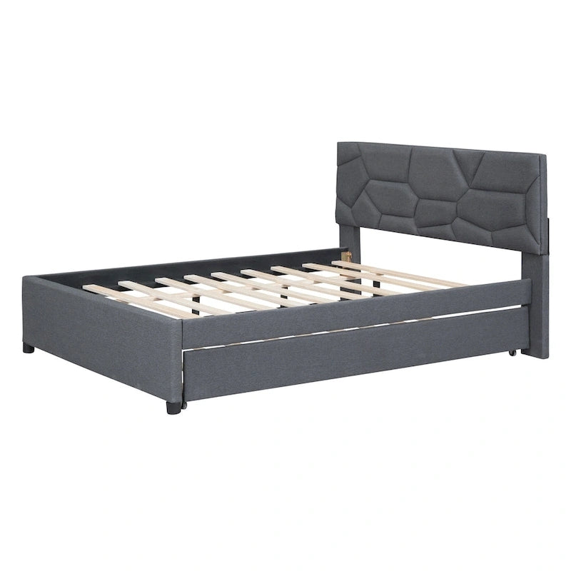 Cama de plataforma tapizada en lino gris con cabecero con diseño de ladrillo y nido – Matrimonial, 2 personas