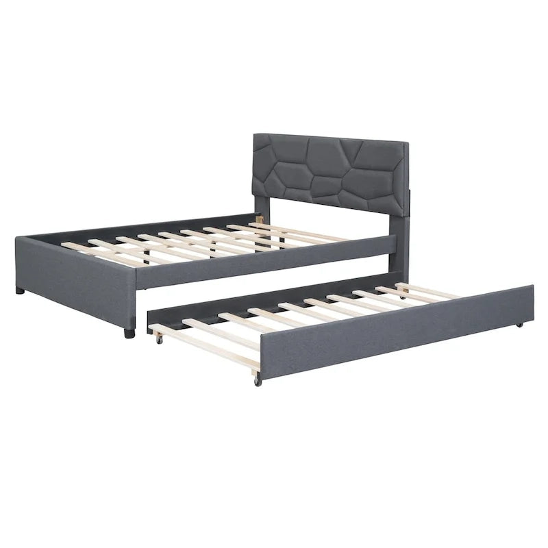 Cama de plataforma tapizada en lino gris con cabecero con diseño de ladrillo y nido – Matrimonial, 2 personas