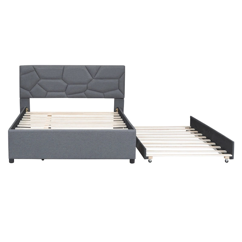 Cama de plataforma tapizada en lino gris con cabecero con diseño de ladrillo y nido – Matrimonial, 2 personas