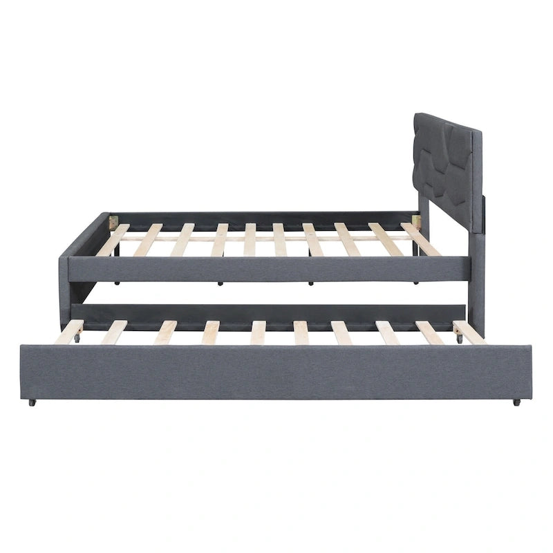 Cama de plataforma tapizada en lino gris con cabecero con diseño de ladrillo y nido – Matrimonial, 2 personas