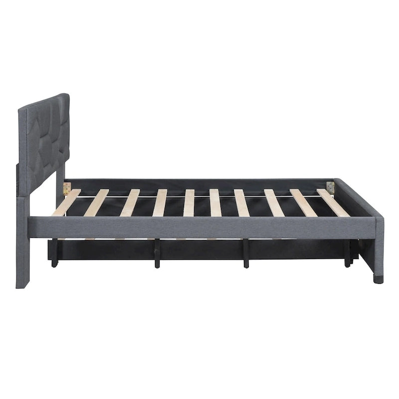 Cama de plataforma tapizada en lino gris con cabecero con diseño de ladrillo y nido – Matrimonial, 2 personas