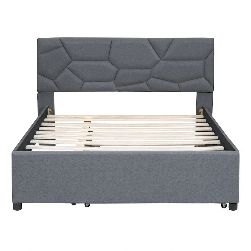 Cama de plataforma tapizada en lino gris con cabecero con diseño de ladrillo y nido – Matrimonial, 2 personas