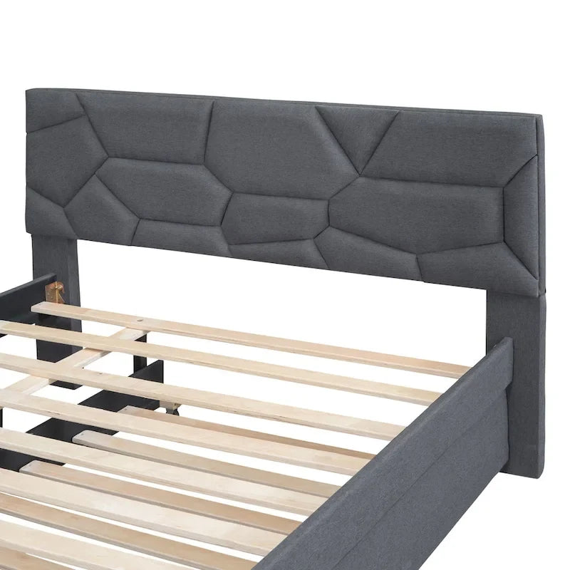Cama de plataforma tapizada en lino gris con cabecero con diseño de ladrillo y nido – Matrimonial, 2 personas