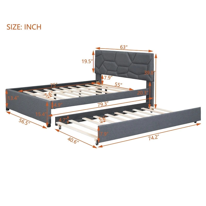 Cama de plataforma tapizada en lino gris con cabecero con diseño de ladrillo y nido – Matrimonial, 2 personas