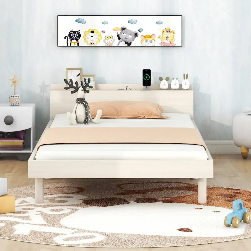 Cama Plataforma Individual Blanca Lavada con Cabecero USB, Capacidad para 1