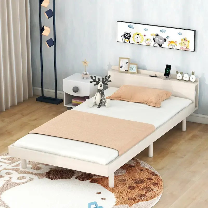 Cama Plataforma Individual Blanca Lavada con Cabecero USB, Capacidad para 1