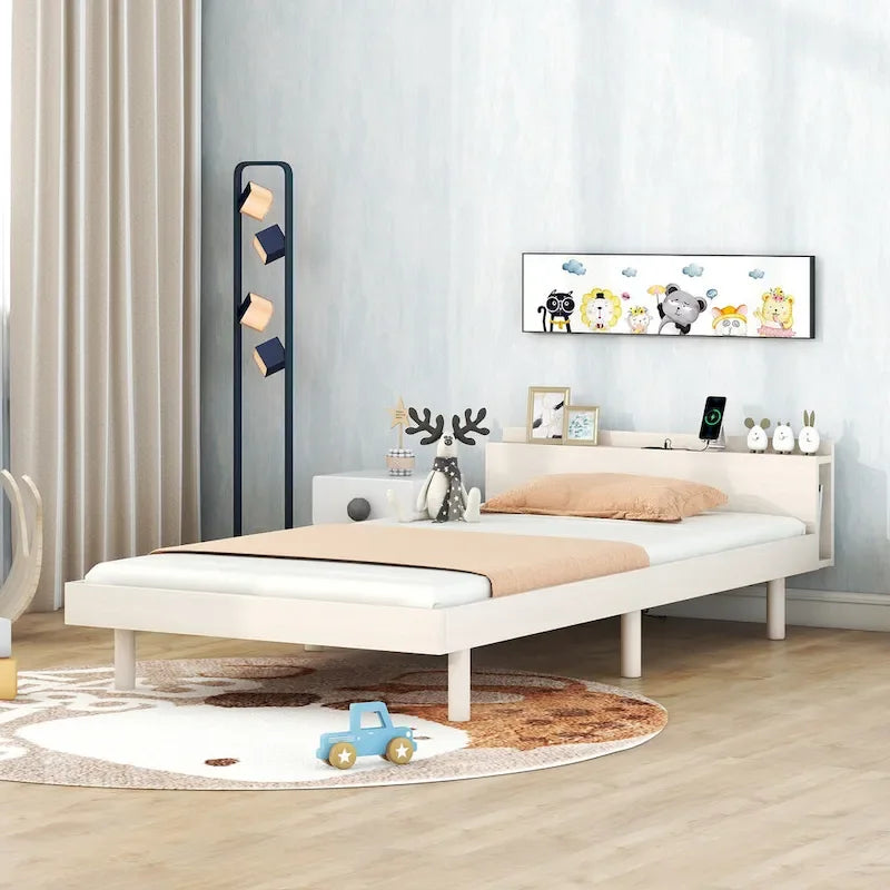 Cama Plataforma Individual Blanca Lavada con Cabecero USB, Capacidad para 1