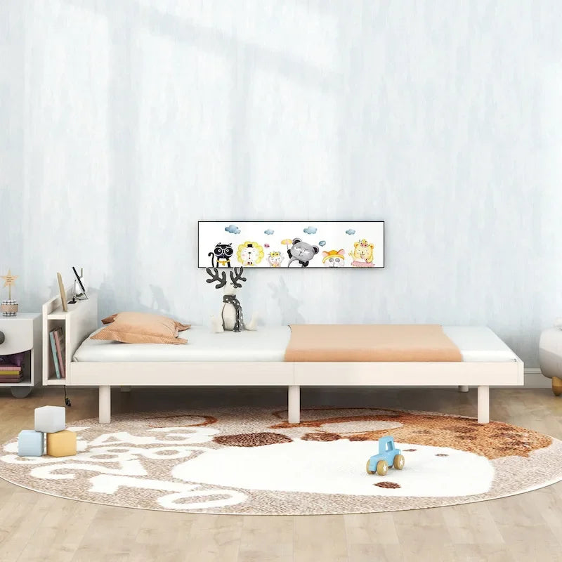 Cama Plataforma Individual Blanca Lavada con Cabecero USB, Capacidad para 1