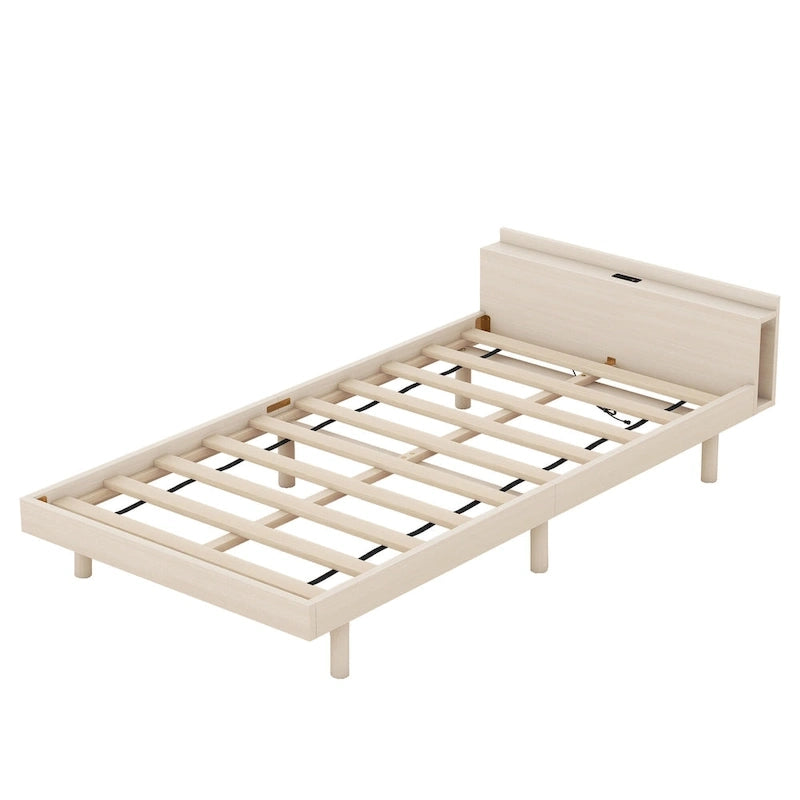 Cama Plataforma Individual Blanca Lavada con Cabecero USB, Capacidad para 1