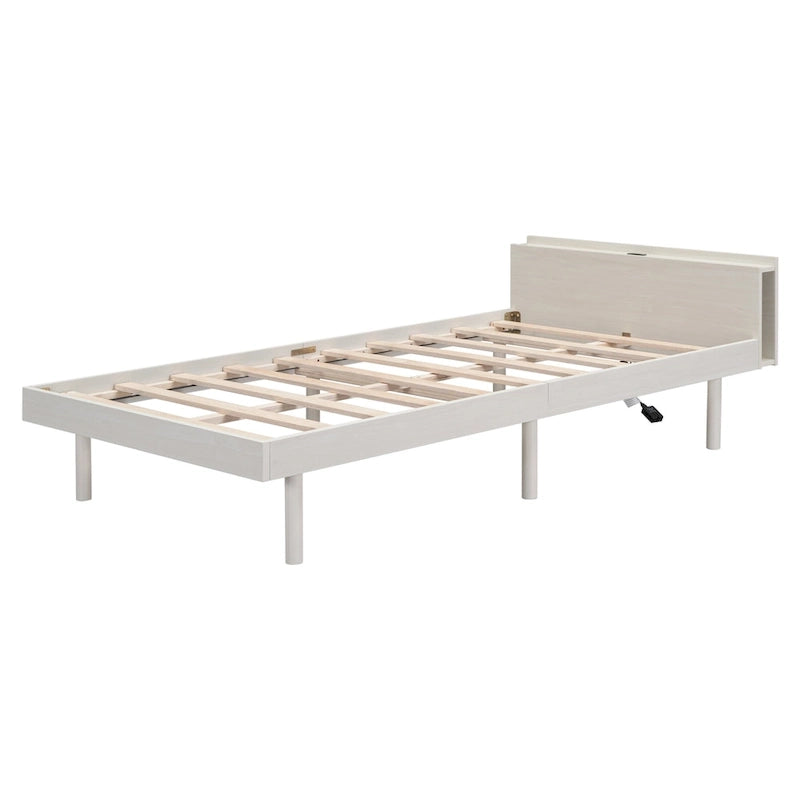 Cama Plataforma Individual Blanca Lavada con Cabecero USB, Capacidad para 1