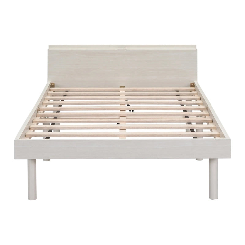 Cama Plataforma Individual Blanca Lavada con Cabecero USB, Capacidad para 1