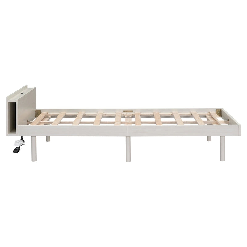 Cama Plataforma Individual Blanca Lavada con Cabecero USB, Capacidad para 1