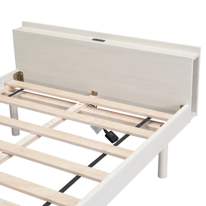 Cama Plataforma Individual Blanca Lavada con Cabecero USB, Capacidad para 1
