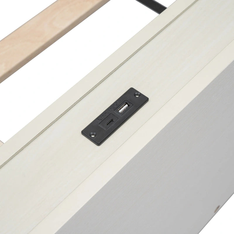 Cama Plataforma Individual Blanca Lavada con Cabecero USB, Capacidad para 1