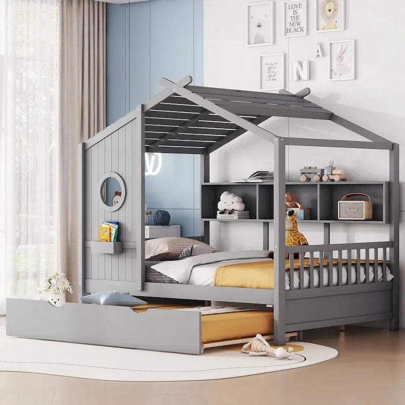 Cama tipo plataforma tapizada gris con cabecero alado y 4 cajones de almacenaje, para 2 personas, matrimonial/Queen