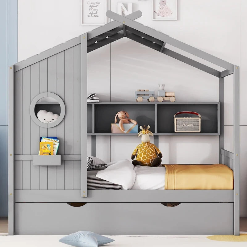 Cama tipo plataforma tapizada gris con cabecero alado y 4 cajones de almacenaje, para 2 personas, matrimonial/Queen