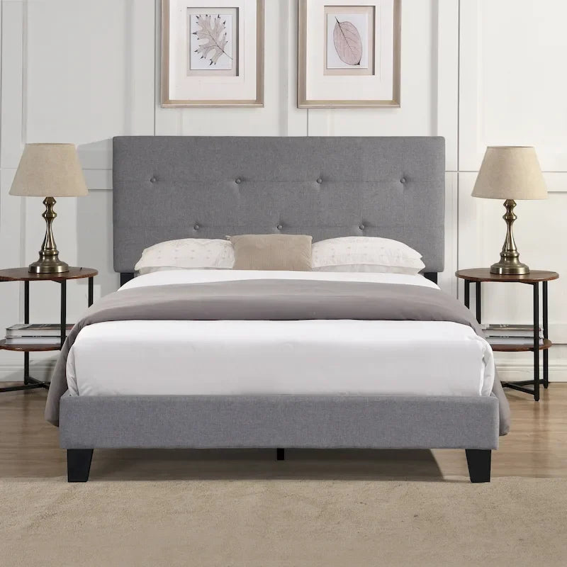 Cama Plataforma Gris Tamaño Queen Tapizada, Cabecero de Lino, Para 2 Personas