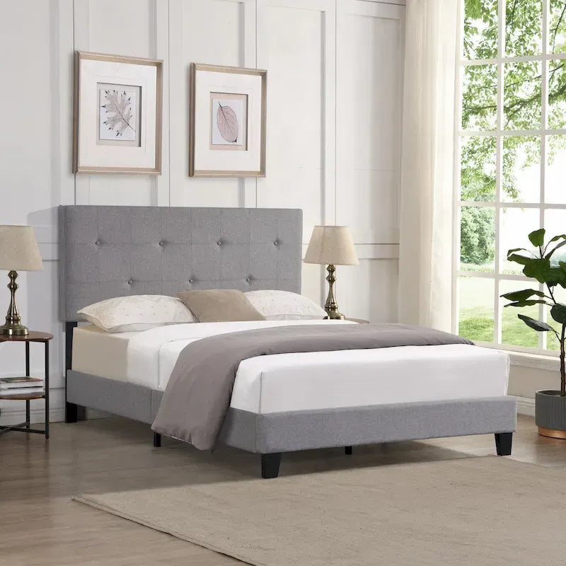 Cama Plataforma Gris Tamaño Queen Tapizada, Cabecero de Lino, Para 2 Personas