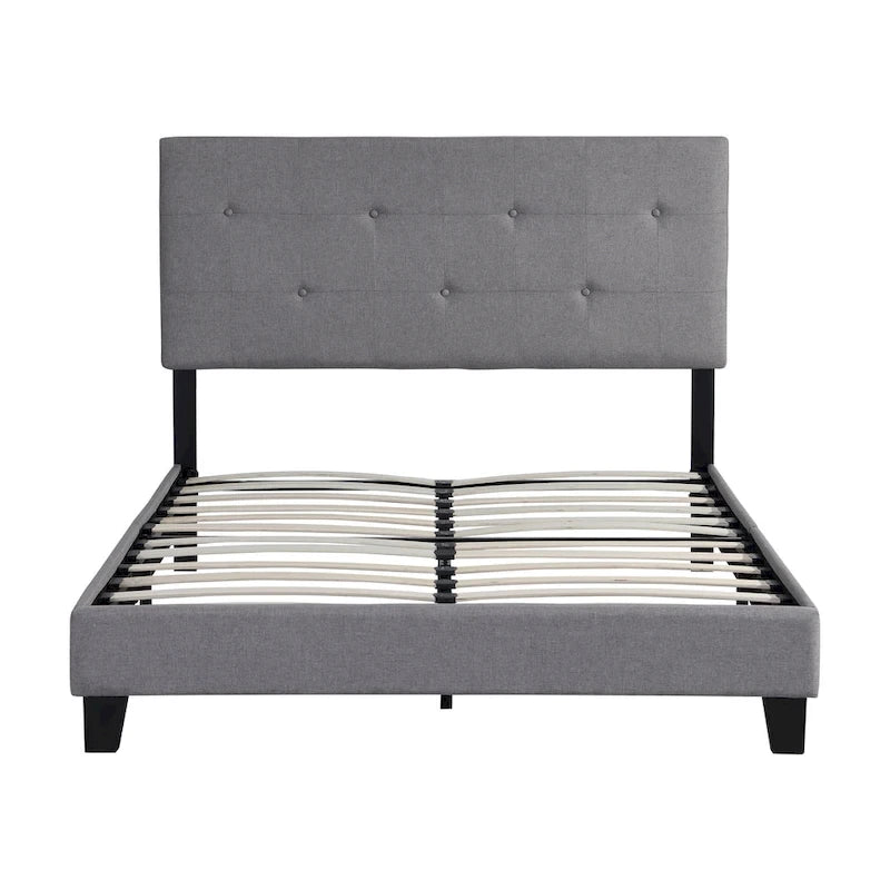 Cama Plataforma Gris Tamaño Queen Tapizada, Cabecero de Lino, Para 2 Personas