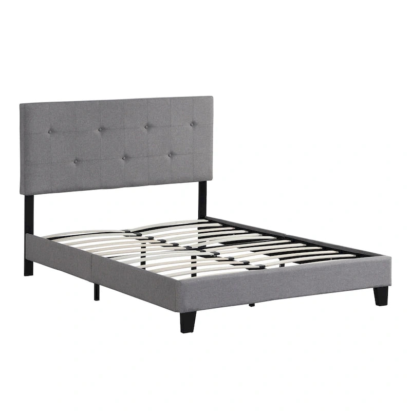 Cama Plataforma Gris Tamaño Queen Tapizada, Cabecero de Lino, Para 2 Personas