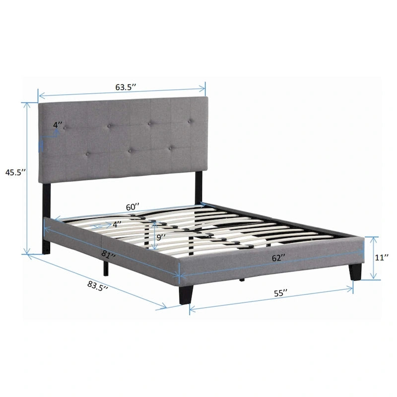 Cama Plataforma Gris Tamaño Queen Tapizada, Cabecero de Lino, Para 2 Personas