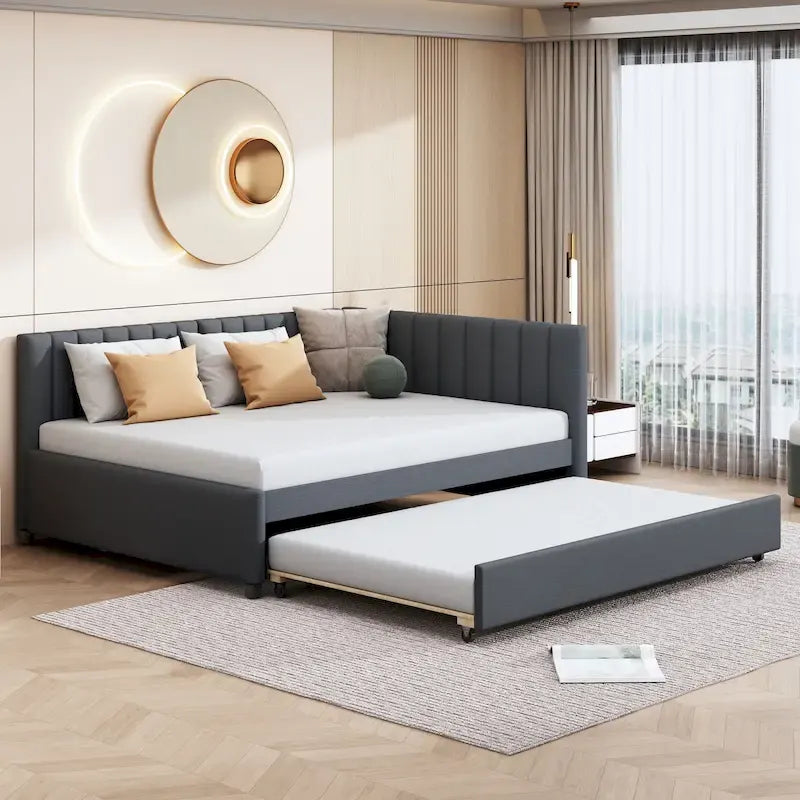 Sofá cama tapizado en lino gris con nido, tamaño matrimonial, para 2 personas