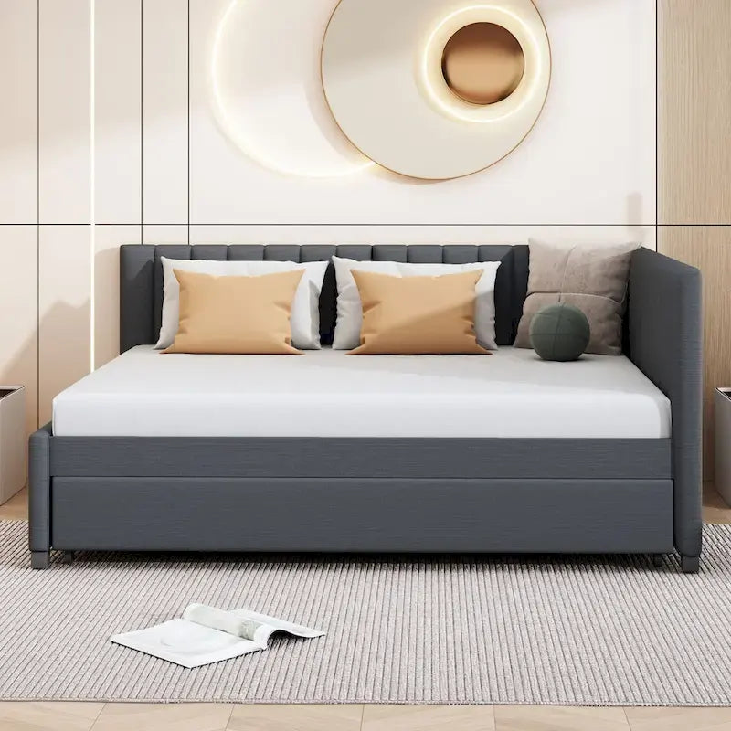Sofá cama tapizado en lino gris con nido, tamaño matrimonial, para 2 personas