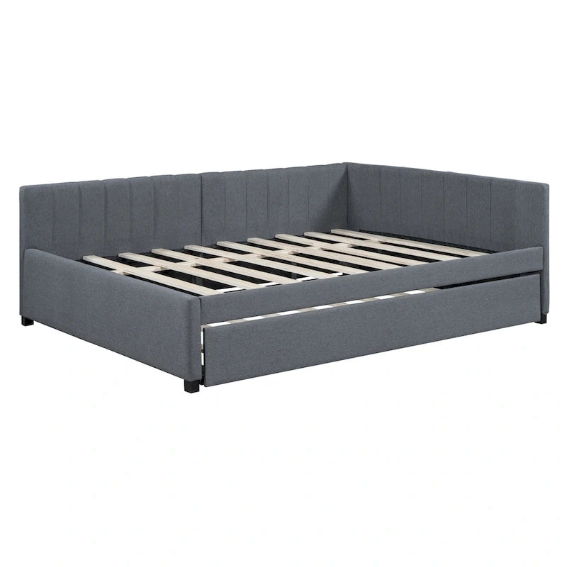Sofá cama tapizado en lino gris con nido, tamaño matrimonial, para 2 personas
