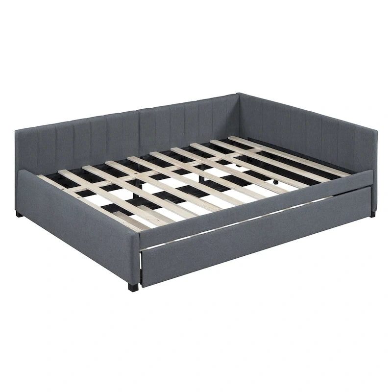 Sofá cama tapizado en lino gris con nido, tamaño matrimonial, para 2 personas