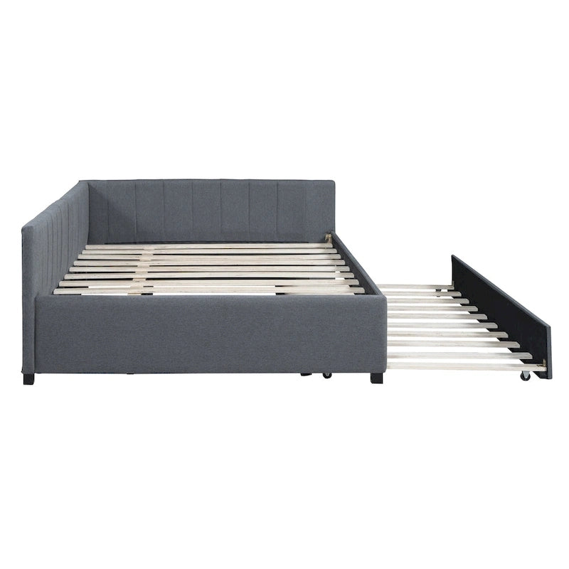Sofá cama tapizado en lino gris con nido, tamaño matrimonial, para 2 personas