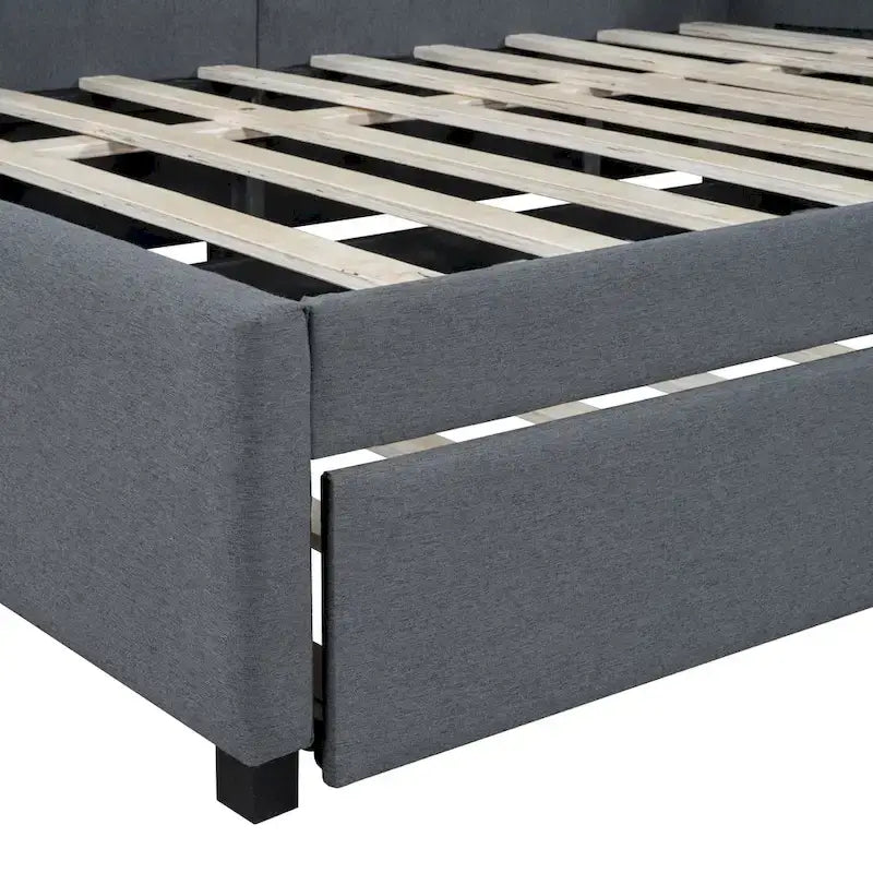 Sofá cama tapizado en lino gris con nido, tamaño matrimonial, para 2 personas