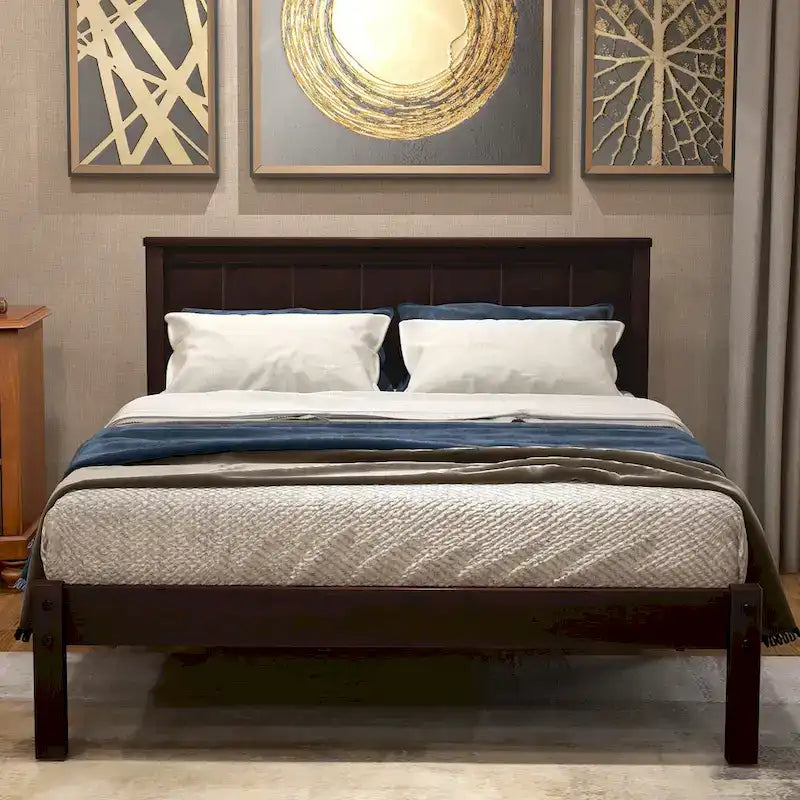 Base de cama con cabecero Espresso, soporte de láminas de madera, tamaño individual/matrimonial