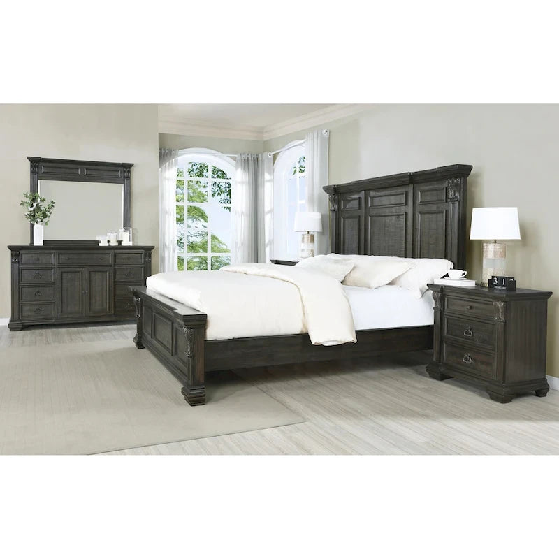 Juego de dormitorio de paneles de madera de nogal oscuro – Cama, cómoda, espejo y 2 mesitas de noche (King/Queen, 2 personas)