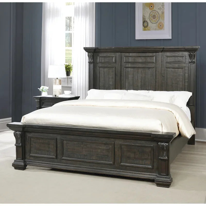 Juego de dormitorio de paneles de madera de nogal oscuro – Cama, cómoda, espejo y 2 mesitas de noche (King/Queen, 2 personas)