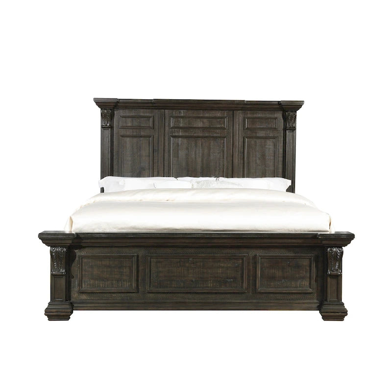 Juego de dormitorio de paneles de madera de nogal oscuro – Cama, cómoda, espejo y 2 mesitas de noche (King/Queen, 2 personas)