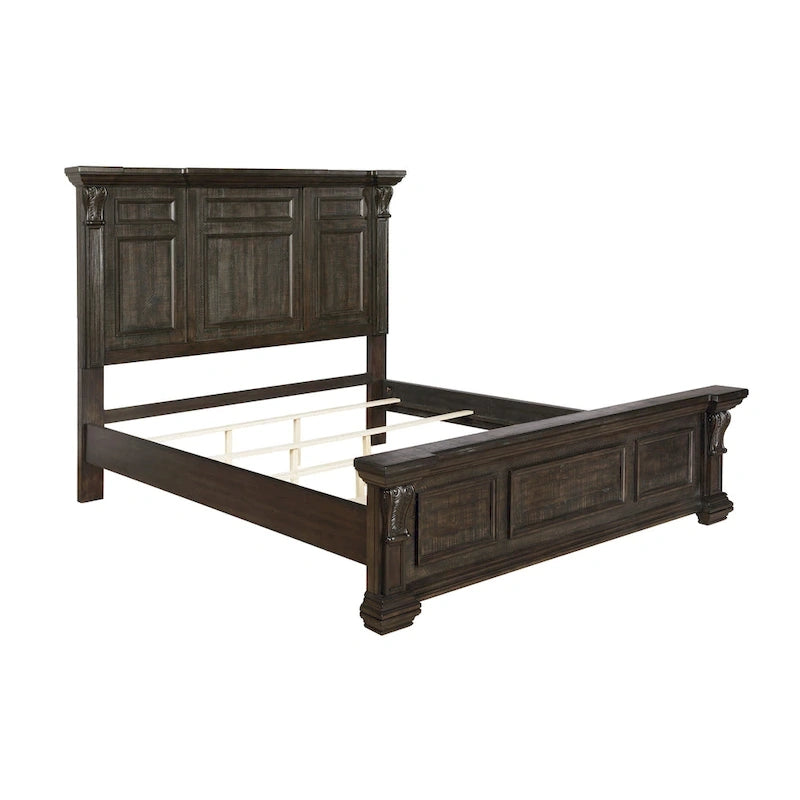 Juego de dormitorio de paneles de madera de nogal oscuro – Cama, cómoda, espejo y 2 mesitas de noche (King/Queen, 2 personas)
