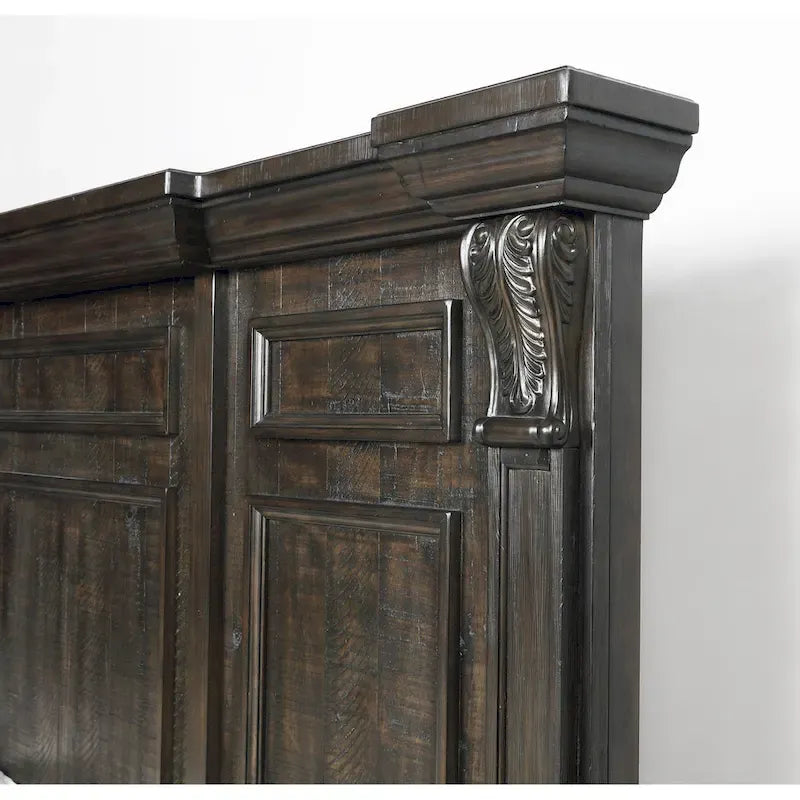 Juego de dormitorio de paneles de madera de nogal oscuro – Cama, cómoda, espejo y 2 mesitas de noche (King/Queen, 2 personas)